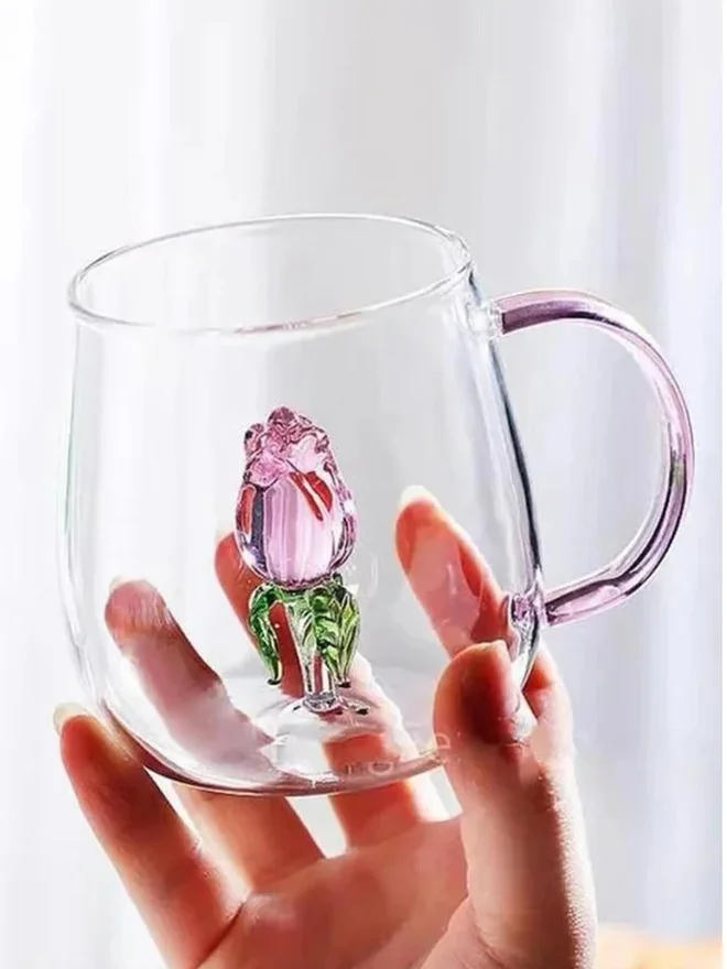 1Chase 1CHASE Borosilicate 3D Coffee Cup with Handle 300ml, Flower